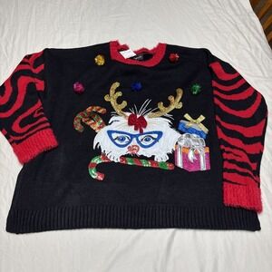 33 Degrees Christmas Sweater Women XXL Black  Red White Cat Graphic Ugly Sweater